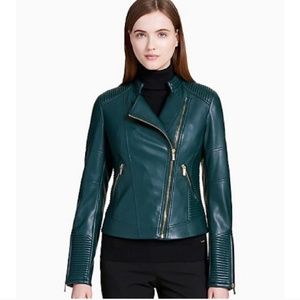 NEW CALVIN KLEIN GREEN FAUX LEATHER MOTO JACKET L